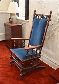 Antique Wooden Rocking Chair with Blue Velveteen Pads