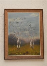 Framed Painting of Birch Trees, Signed