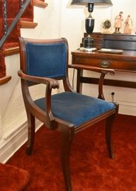 Wood Armchair with Blue Velveteen Upholstered Back & Seat