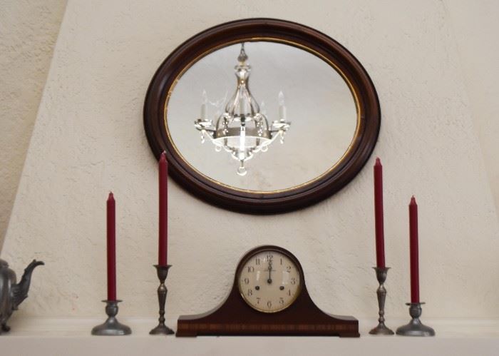 Antique Oval Mirror, Candlesticks, Seth Thomas Mantle Clock 