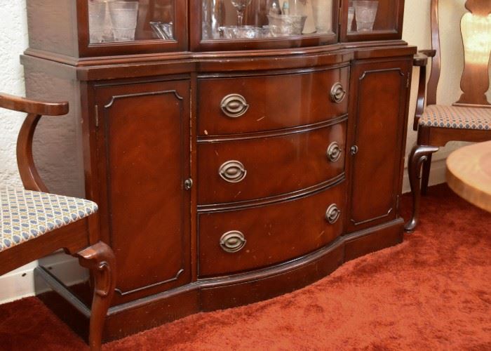 Antique China Cabinet with Drawers & Curved Glass