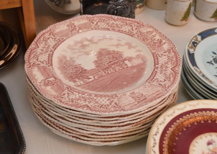 Crown Ducal Red Transferware Dinner Plates, England (each is different)