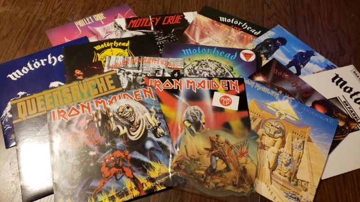 1980s big hair band record albums
Iron Maiden, wasp, Van Halen, Black Sabath, Twisted Sister, Motley Crew,  Scorpions, Whitesnake, so much more