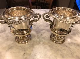 Pair of antique silver plate ice buckets with liners.  Can be used for flowers