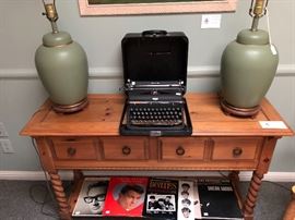 Console table and Royal typewriter, shown with a pair of lovely ceramic lamps