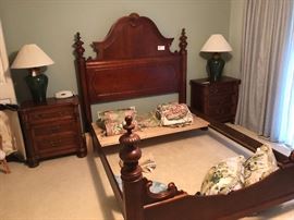 Queen bed frame, matching bedside tables and lamps
