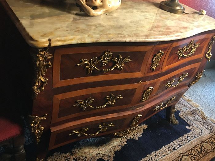 French Louis XVI style, server, mahogany veneer, marble. Reproduction.