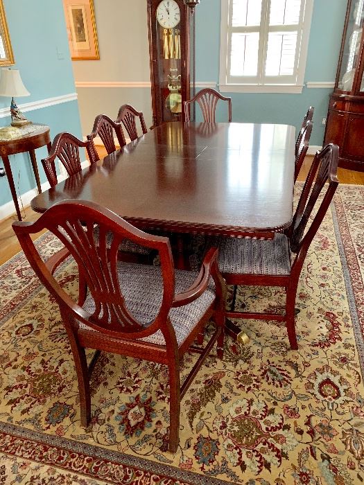 Double pedestal dining room table with 8 chairs - RUG NOT FOR SALE