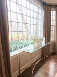 Glass and Iron Console table and DRAPERY is FOR SALENeutral and Beautiful. 