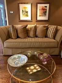 Henredon Sofa and Glass Cocktail Table,  Salvador Dali Lithographs beautifully framed 