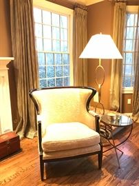 Baker Side Chair and Chain Link Floor Lamp  - DRAPES ARE FOR SALE Neutral and Beautiful