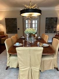 Arthur Brett and Sons  Dining Table and 10 Chairs,  SEE CHAIR PHOTO Without Slipcovers, They are Beautiful , Neutral Carpet Custom (size approx 10 x 15). Paintings Signed/ purchased at Southport Gallery