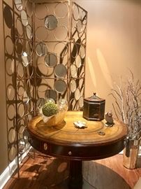 Iron and Glass Screen and Maitland Smith Leather Top Entry Table