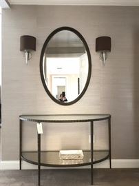 Iron and Glass/Mirrored Half Moon Console and Coordinating Beveled Mirror