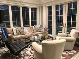 Neutral Furnishings Lillian August Sofa and Chairs and Reproduction Barcelona Chair and Ottoman, West Elm Carpet 