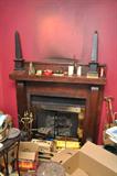 oak fireplace mantel, fireplace tools, bookends