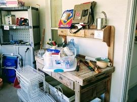 Potter's bench, wire storage shelves