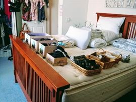 Queen Size Beed, linens, shoes. At the request of the seller, the bed must be moved from upstairs to down stairs  by a licensed insured  mover.