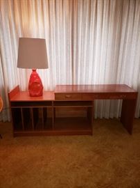 Scandinavian Teak veneer desk and record storage unit - Auction bids for this item being taken from 8am-5pm Saturday 3/2.