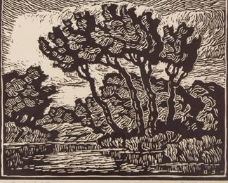 Lot 4: Birger Sandzén 'Brook with Cottonwoods' Signed Linocut