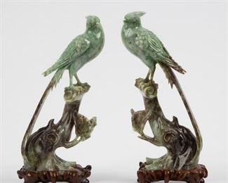 Lot 81: Pair of Chinese Carved Saussurite Birds, 20th c.