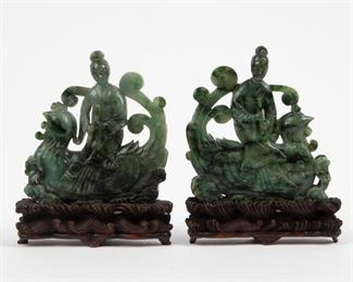 Lot 83: Pair of Chinese Carved Saussurite Immortals, 19th/20th c.