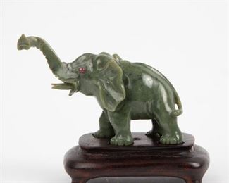 Lot 84: Chinese Carved Spinach Nephrite Jade Elephant with Ruby