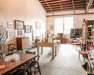 Items from Art + Design Online Auction staged for the open house preview July 11th from 5pm - 8pm at 901 Woodswether Rd. Kansas City, MO 64105