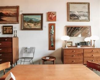 Items from Art + Design Online Auction staged for the open house preview July 11th from 5pm - 8pm at 901 Woodswether Rd. Kansas City, MO 64105