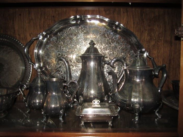 Silverplate tea set and many serving pieces