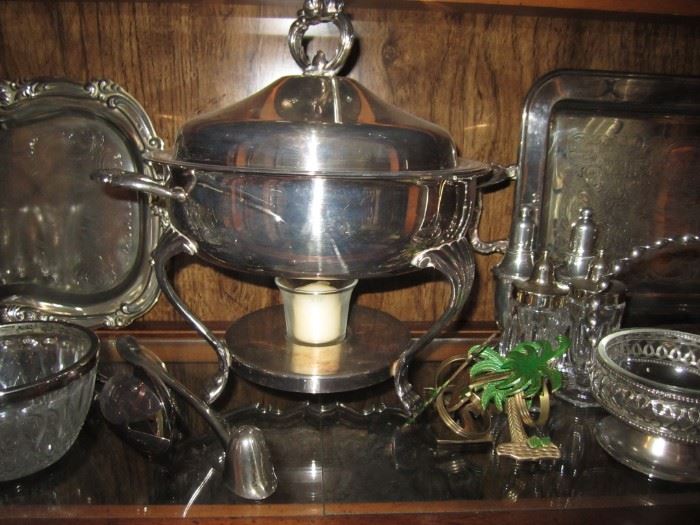 Silverplate tea set and many serving pieces