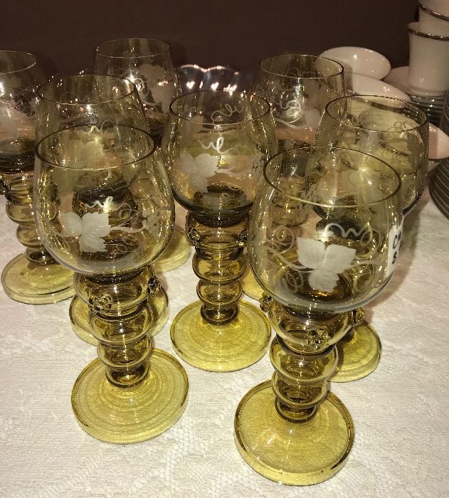 beautiful antique set of green/amber champagne glasses with ivy etching