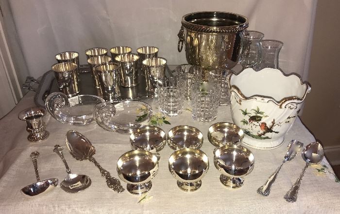 sterling juleps and sherberts, Herend cache pot, silver ice bucket, sterling serving pieces, Steuben crystal snail handle olive bowls