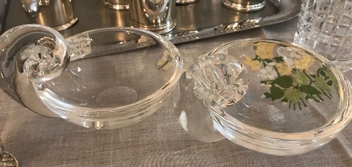 pair of Steuben crystal snail handle olive bowls