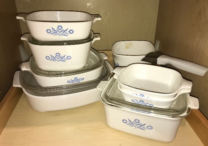 collection of vintage blue and white corning ware
