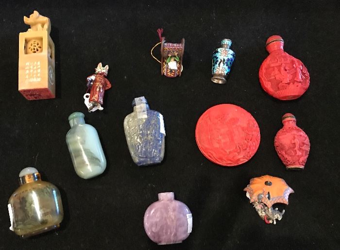 collection of Asian stuff bottles, cinnabar, cloisonné, green stone, Austrian bronze figures