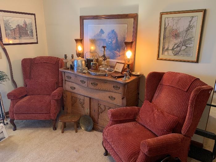 Pair of Matching Recliners and Beautiful Antique Server with Amazing Carving 