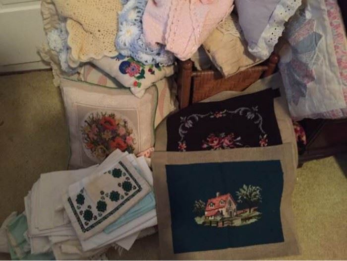 Vtg Pillows, Linens and Needlepoint