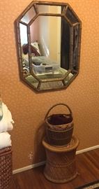 Decor, brass mirror, wicker