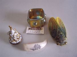 Limoges Tree Box, Lundberg Studios Art Glass, Bug by Arles France, Scrimshaw Ship