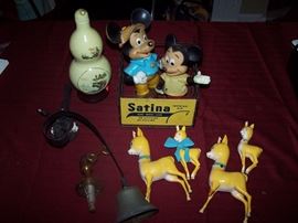 Vintage Mickey, Baby Champ Perry Champagne Ad pieces, Satina Ad Piece, Vintage Servant Bell, Vintage Door Stopper
