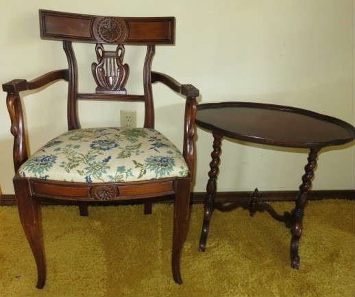 Antique Swan Arm Chair, Mahogany Flip Top Accent Table
