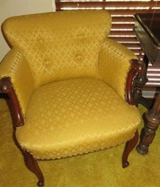 Pair Antique Gold Upholstered Wood Frame Arm Chairs