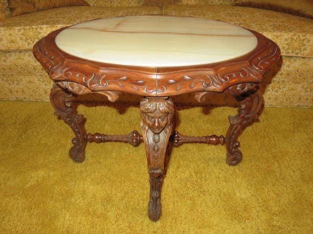 Carved Maiden Marble Top Accent Table
