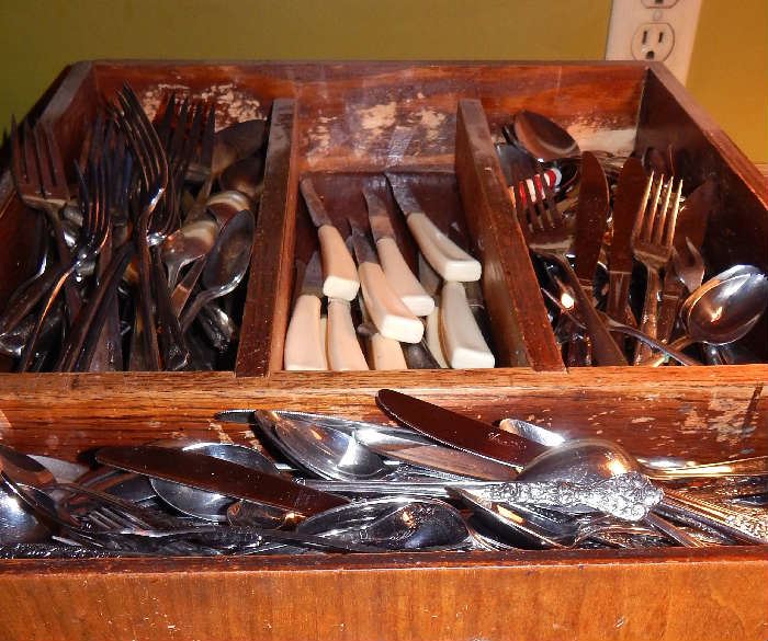 FLATWARE GALORE..UPPER LEFT IS SILVER PLATED, AND BOTTOM IS A SET OF VINTAGE STAINLESS