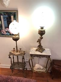 Victorian banquet stand lamp/table and onyx & brass stand with a Victorian cherub lamp on top