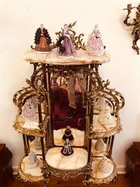 Close up of stand with Antique Sitzendorf Gody lady figurines