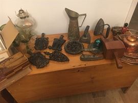 Cast Iron Trivets, Copper Teapots & Copper Plates, Irons, & Old photographs