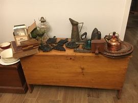 Pine Hope Chest, Cast Iron Trivets, Copper Teapots & Copper Plates, Irons, & Old photographs