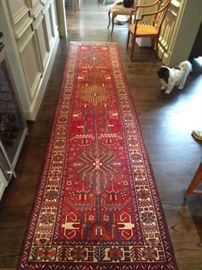 Vintage hand woven Persian Heriz runner, measures 12' 10" x 3' 2".                                                                                           Ankle biter not for sale - I tried, she said "NO!"                Yes ma'am...